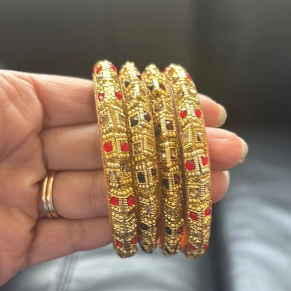 Elegant Gold and Red Bangle Set - Picture 2 of 3